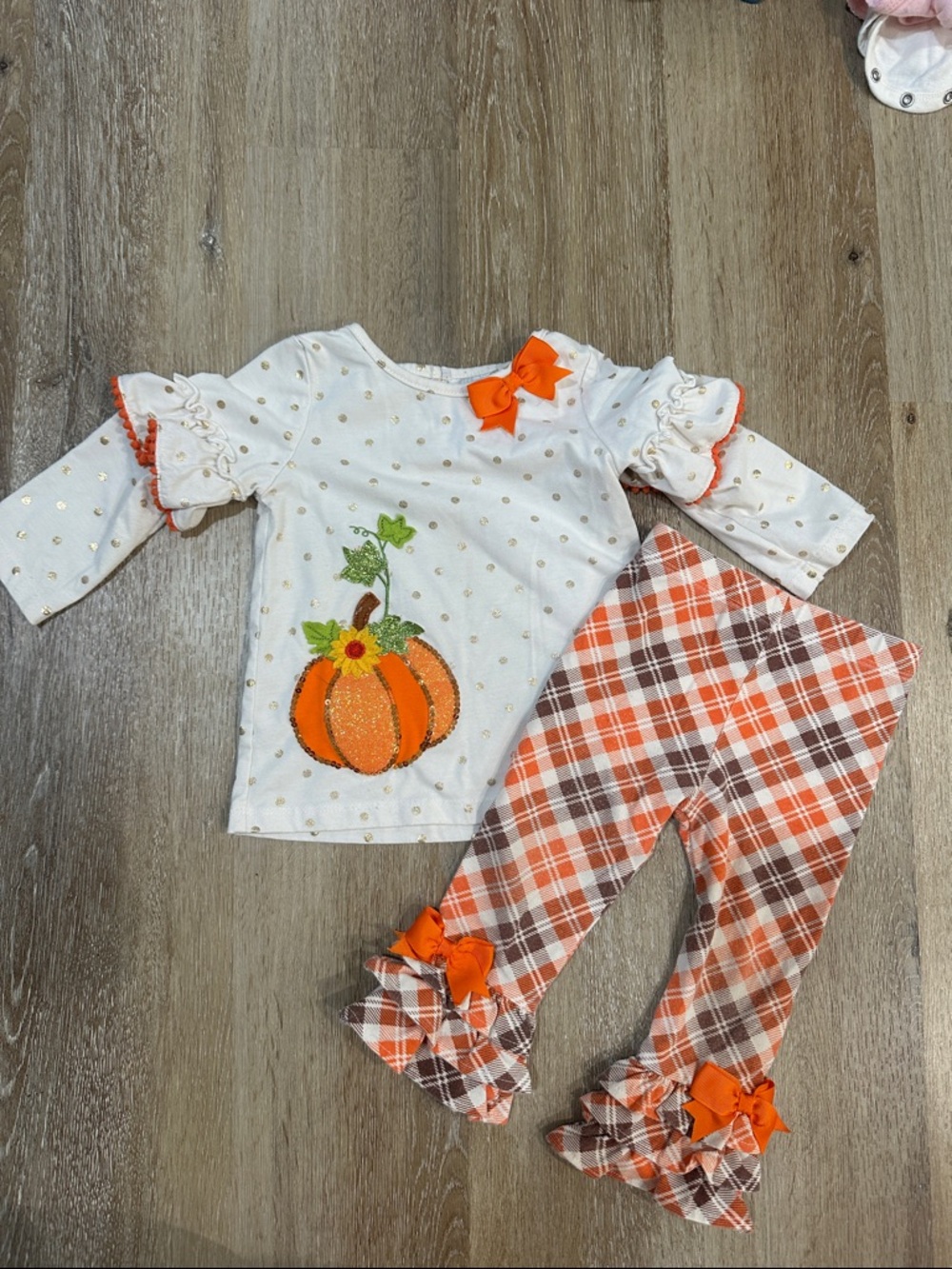 Girls Pumpkin Top & Orange Plaid Ruffle Pants Set